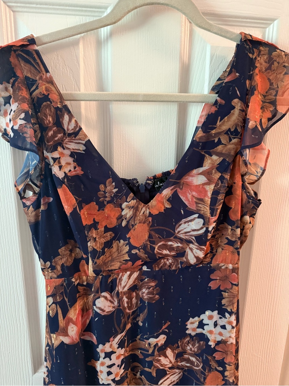 Lulu's Navy Floral High-Low Ruffle Dress with Rust and Cream Blooms - Picture 3 of 6